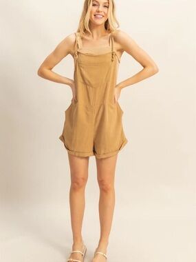 Casual Tie-Strap Short Overalls in Camel